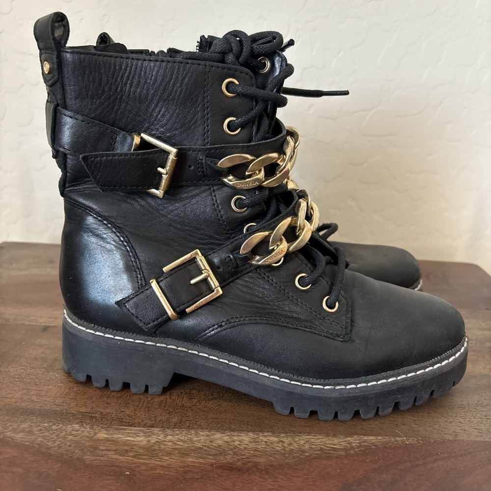 Carvela leather Stylish Black Ankle Boots with Gold Chains. 5.5